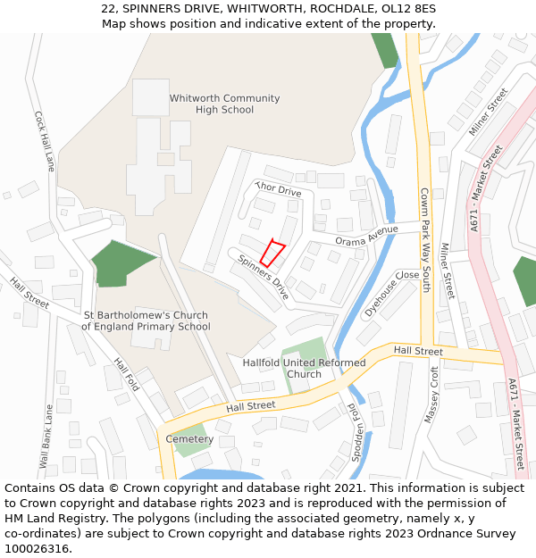 22, SPINNERS DRIVE, WHITWORTH, ROCHDALE, OL12 8ES: Location map and indicative extent of plot