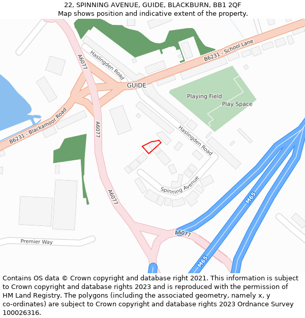 22, SPINNING AVENUE, GUIDE, BLACKBURN, BB1 2QF: Location map and indicative extent of plot