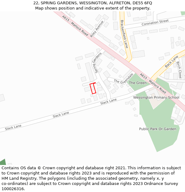 22, SPRING GARDENS, WESSINGTON, ALFRETON, DE55 6FQ: Location map and indicative extent of plot