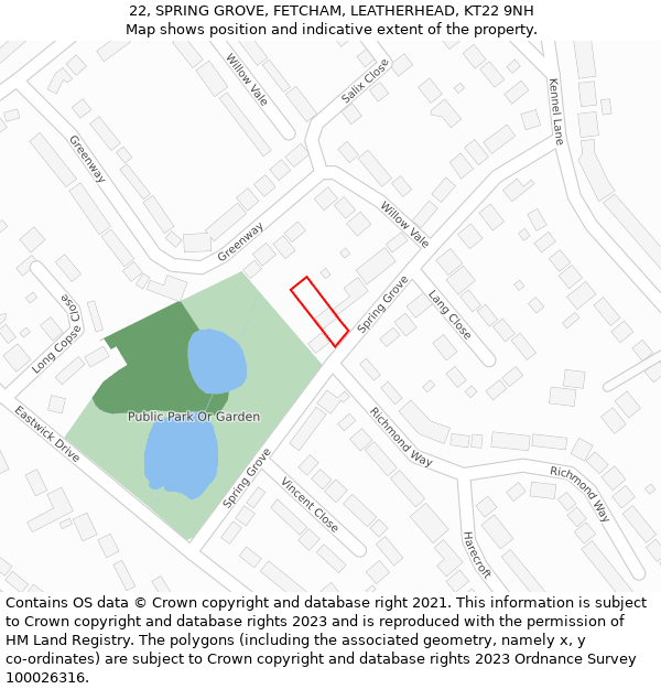 22, SPRING GROVE, FETCHAM, LEATHERHEAD, KT22 9NH: Location map and indicative extent of plot