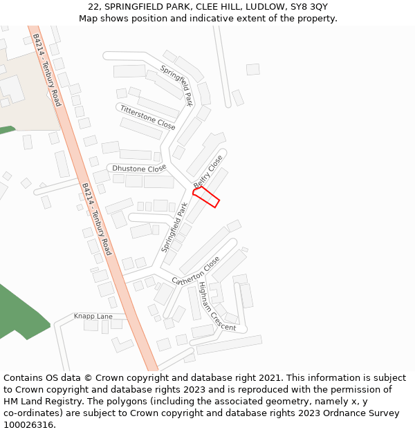 22, SPRINGFIELD PARK, CLEE HILL, LUDLOW, SY8 3QY: Location map and indicative extent of plot