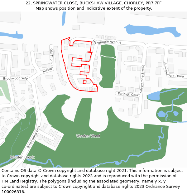 22, SPRINGWATER CLOSE, BUCKSHAW VILLAGE, CHORLEY, PR7 7FF: Location map and indicative extent of plot
