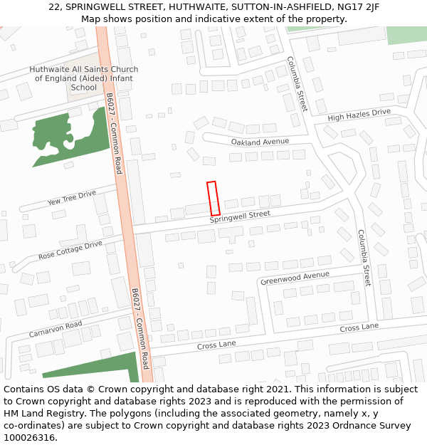 22, SPRINGWELL STREET, HUTHWAITE, SUTTON-IN-ASHFIELD, NG17 2JF: Location map and indicative extent of plot