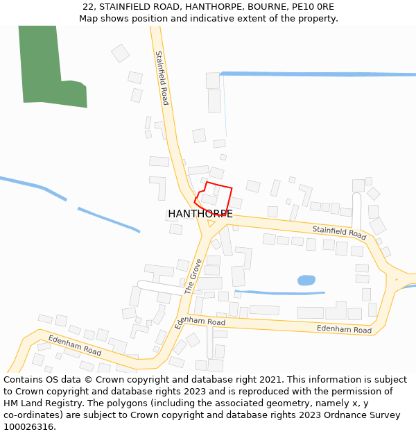 22, STAINFIELD ROAD, HANTHORPE, BOURNE, PE10 0RE: Location map and indicative extent of plot