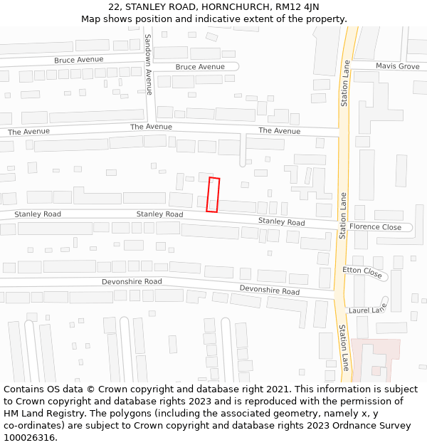 22, STANLEY ROAD, HORNCHURCH, RM12 4JN: Location map and indicative extent of plot