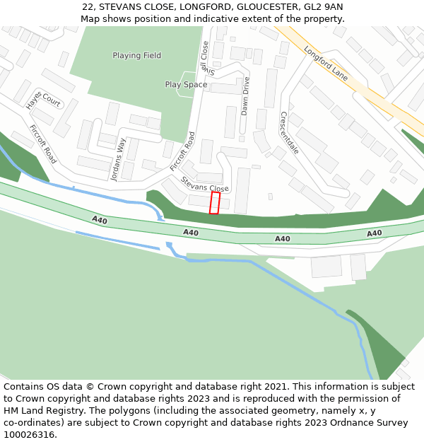22, STEVANS CLOSE, LONGFORD, GLOUCESTER, GL2 9AN: Location map and indicative extent of plot