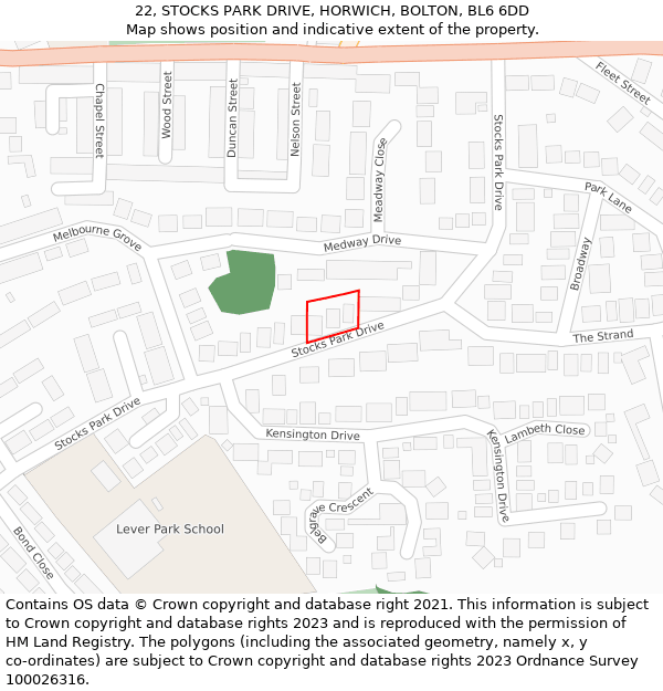 22, STOCKS PARK DRIVE, HORWICH, BOLTON, BL6 6DD: Location map and indicative extent of plot