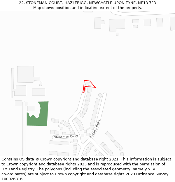 22, STONEMAN COURT, HAZLERIGG, NEWCASTLE UPON TYNE, NE13 7FR: Location map and indicative extent of plot