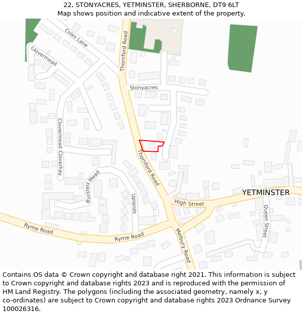 22, STONYACRES, YETMINSTER, SHERBORNE, DT9 6LT: Location map and indicative extent of plot