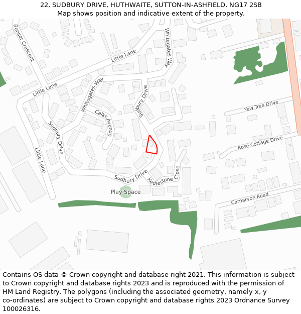 22, SUDBURY DRIVE, HUTHWAITE, SUTTON-IN-ASHFIELD, NG17 2SB: Location map and indicative extent of plot