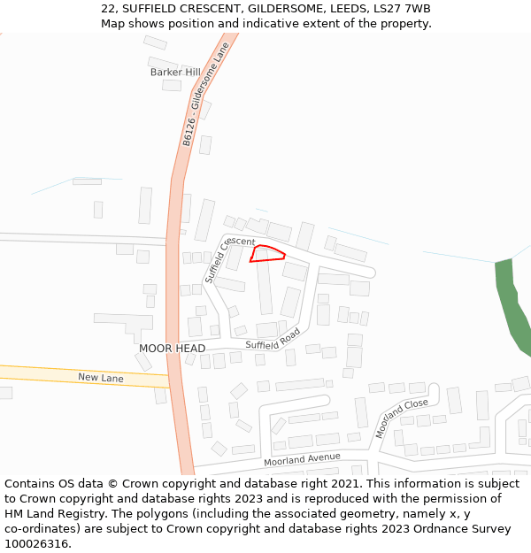 22, SUFFIELD CRESCENT, GILDERSOME, LEEDS, LS27 7WB: Location map and indicative extent of plot