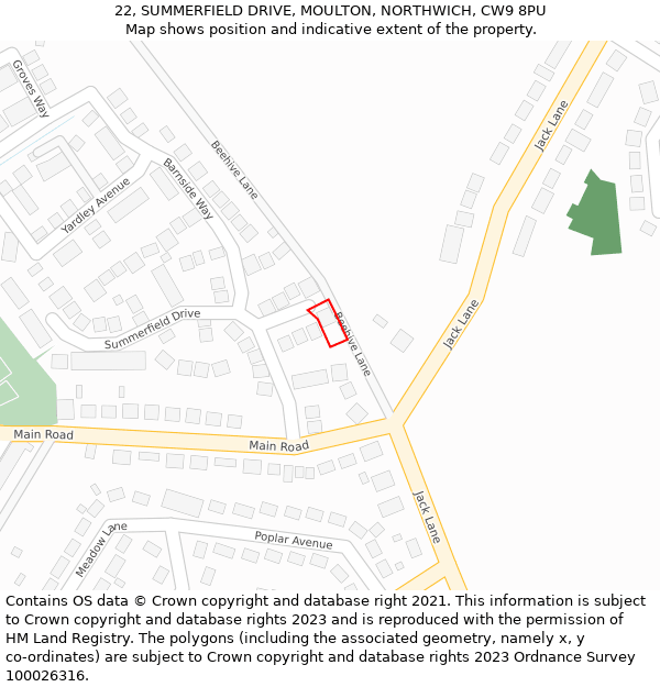 22, SUMMERFIELD DRIVE, MOULTON, NORTHWICH, CW9 8PU: Location map and indicative extent of plot