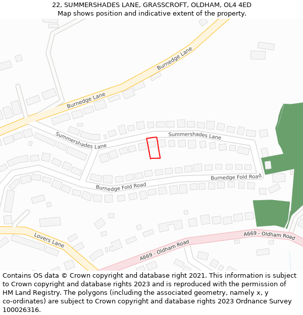 22, SUMMERSHADES LANE, GRASSCROFT, OLDHAM, OL4 4ED: Location map and indicative extent of plot