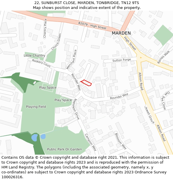 22, SUNBURST CLOSE, MARDEN, TONBRIDGE, TN12 9TS: Location map and indicative extent of plot