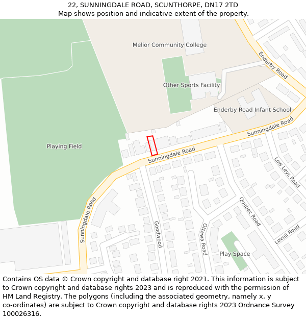 22, SUNNINGDALE ROAD, SCUNTHORPE, DN17 2TD: Location map and indicative extent of plot