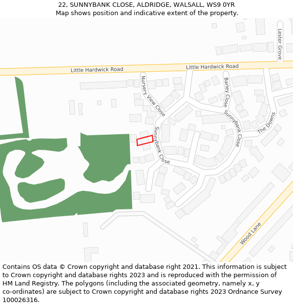 22, SUNNYBANK CLOSE, ALDRIDGE, WALSALL, WS9 0YR: Location map and indicative extent of plot