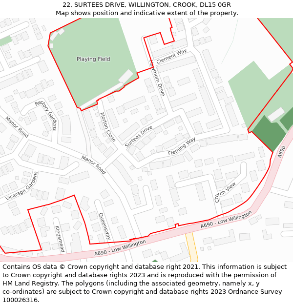 22, SURTEES DRIVE, WILLINGTON, CROOK, DL15 0GR: Location map and indicative extent of plot