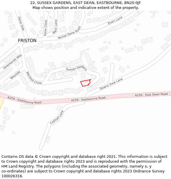 22, SUSSEX GARDENS, EAST DEAN, EASTBOURNE, BN20 0JF: Location map and indicative extent of plot