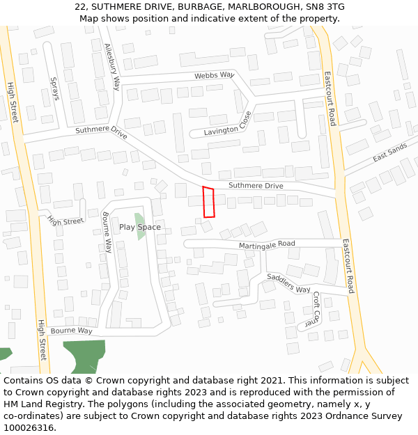 22, SUTHMERE DRIVE, BURBAGE, MARLBOROUGH, SN8 3TG: Location map and indicative extent of plot