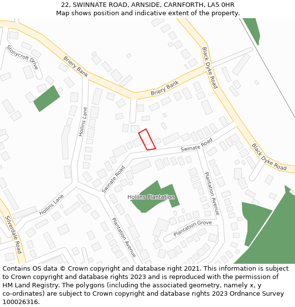 22, SWINNATE ROAD, ARNSIDE, CARNFORTH, LA5 0HR: Location map and indicative extent of plot