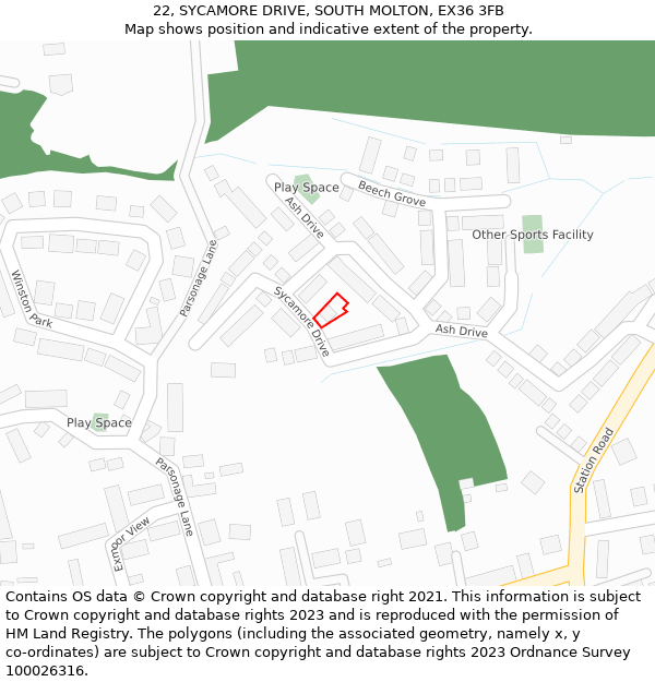 22, SYCAMORE DRIVE, SOUTH MOLTON, EX36 3FB: Location map and indicative extent of plot