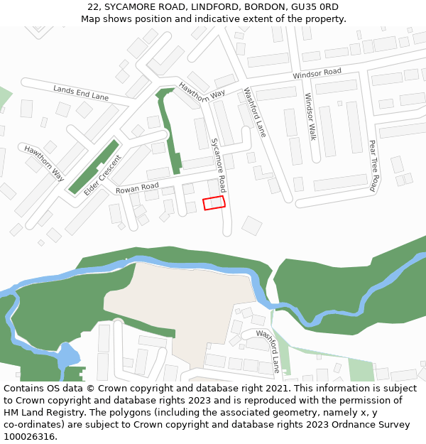 22, SYCAMORE ROAD, LINDFORD, BORDON, GU35 0RD: Location map and indicative extent of plot