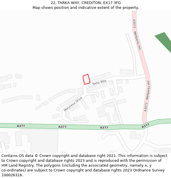 22, TARKA WAY, CREDITON, EX17 3FG: Location map and indicative extent of plot