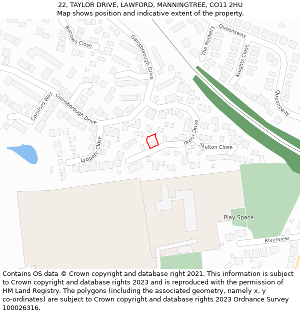 22, TAYLOR DRIVE, LAWFORD, MANNINGTREE, CO11 2HU: Location map and indicative extent of plot