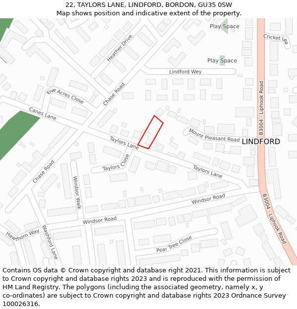 22, TAYLORS LANE, LINDFORD, BORDON, GU35 0SW: Location map and indicative extent of plot