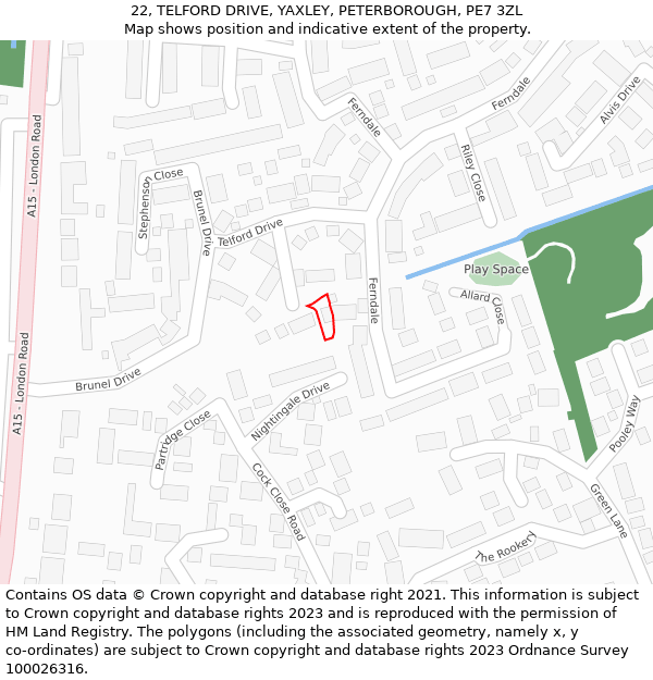 22, TELFORD DRIVE, YAXLEY, PETERBOROUGH, PE7 3ZL: Location map and indicative extent of plot