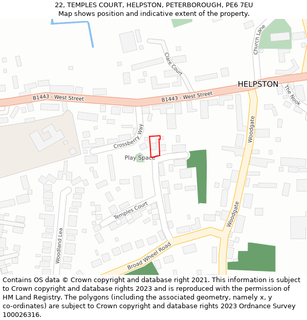 22, TEMPLES COURT, HELPSTON, PETERBOROUGH, PE6 7EU: Location map and indicative extent of plot