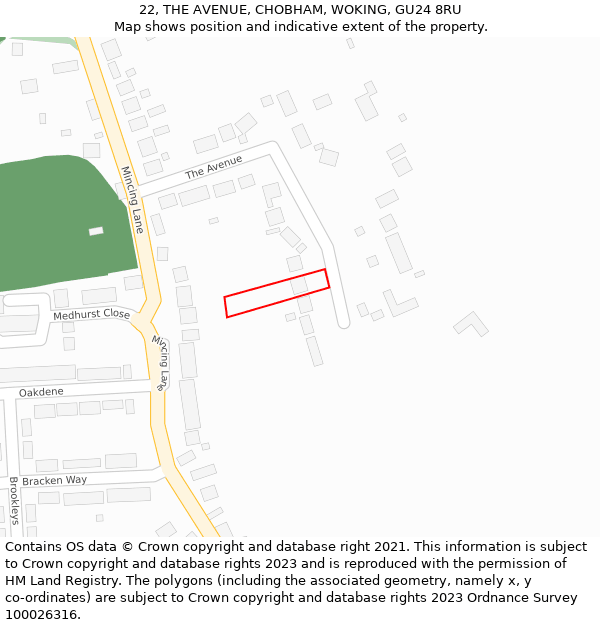 22, THE AVENUE, CHOBHAM, WOKING, GU24 8RU: Location map and indicative extent of plot