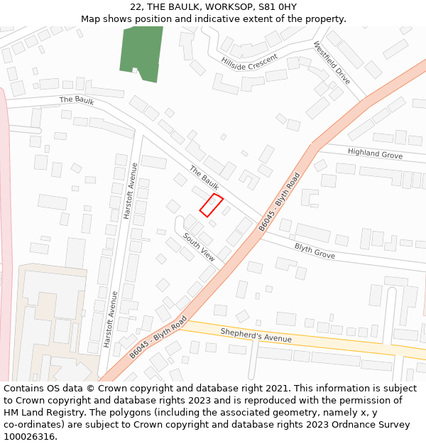 22, THE BAULK, WORKSOP, S81 0HY: Location map and indicative extent of plot