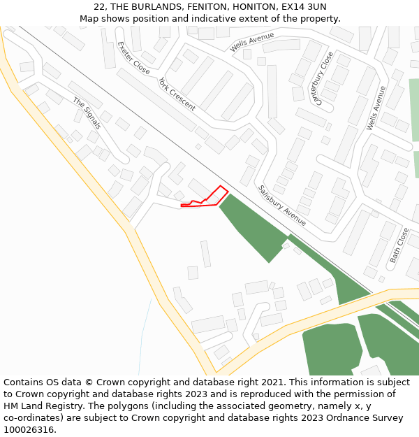 22, THE BURLANDS, FENITON, HONITON, EX14 3UN: Location map and indicative extent of plot