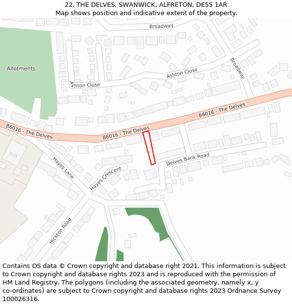 22, THE DELVES, SWANWICK, ALFRETON, DE55 1AR: Location map and indicative extent of plot