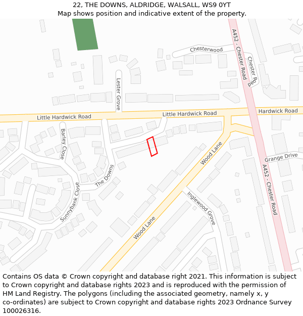 22, THE DOWNS, ALDRIDGE, WALSALL, WS9 0YT: Location map and indicative extent of plot