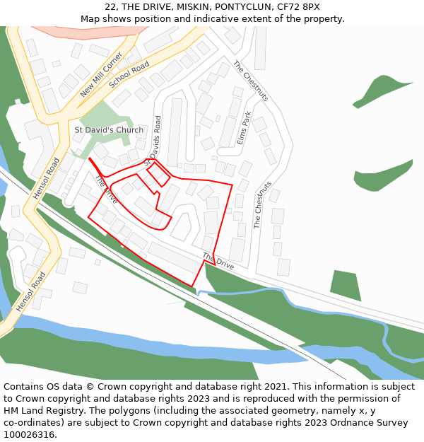 22, THE DRIVE, MISKIN, PONTYCLUN, CF72 8PX: Location map and indicative extent of plot