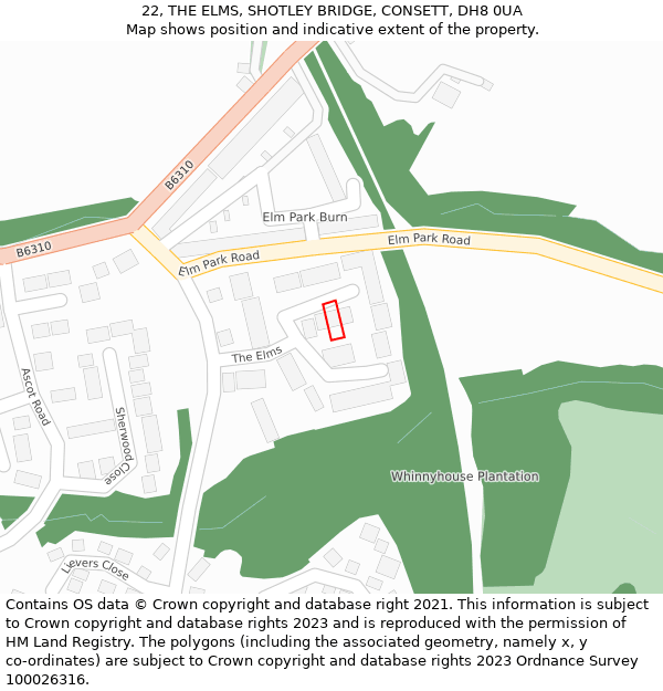 22, THE ELMS, SHOTLEY BRIDGE, CONSETT, DH8 0UA: Location map and indicative extent of plot