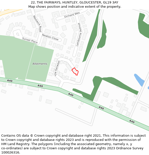 22, THE FAIRWAYS, HUNTLEY, GLOUCESTER, GL19 3AY: Location map and indicative extent of plot