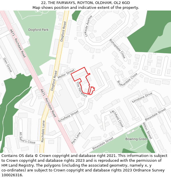 22, THE FAIRWAYS, ROYTON, OLDHAM, OL2 6GD: Location map and indicative extent of plot