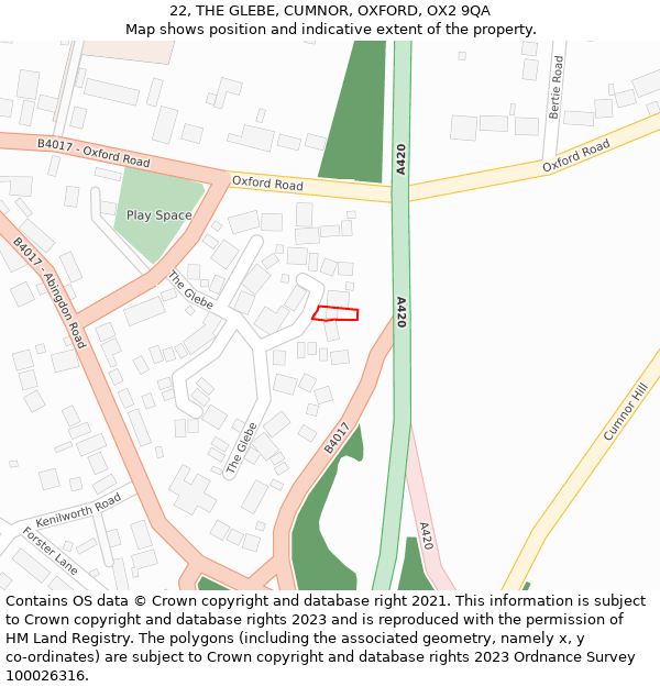 22, THE GLEBE, CUMNOR, OXFORD, OX2 9QA: Location map and indicative extent of plot