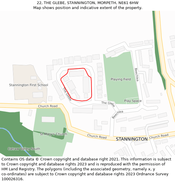 22, THE GLEBE, STANNINGTON, MORPETH, NE61 6HW: Location map and indicative extent of plot