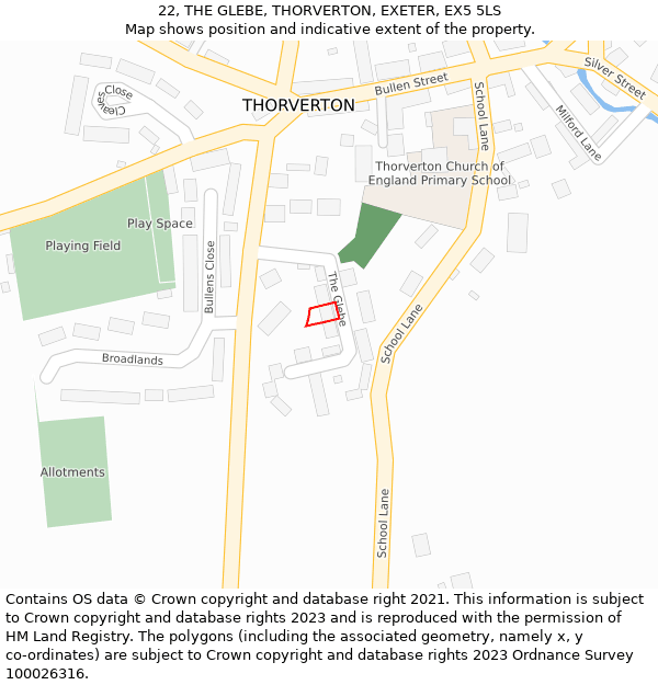 22, THE GLEBE, THORVERTON, EXETER, EX5 5LS: Location map and indicative extent of plot