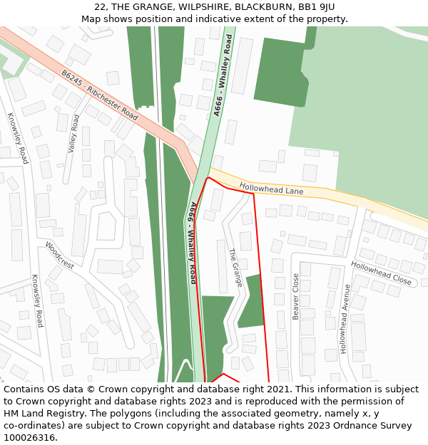 22, THE GRANGE, WILPSHIRE, BLACKBURN, BB1 9JU: Location map and indicative extent of plot