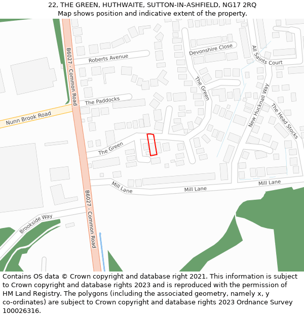 22, THE GREEN, HUTHWAITE, SUTTON-IN-ASHFIELD, NG17 2RQ: Location map and indicative extent of plot