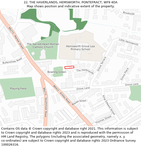 22, THE HAVERLANDS, HEMSWORTH, PONTEFRACT, WF9 4DA: Location map and indicative extent of plot