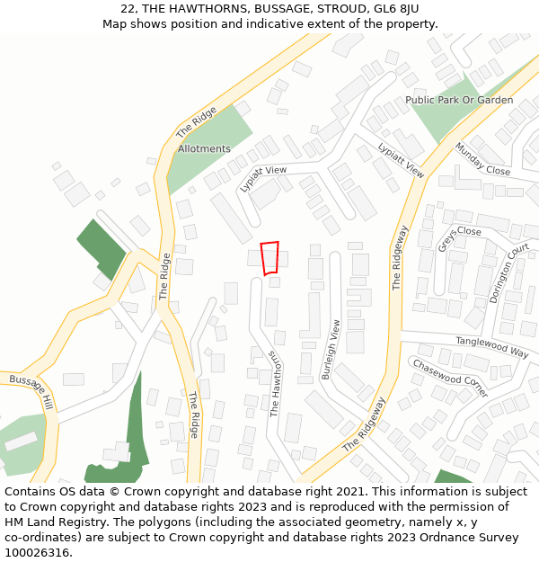 22, THE HAWTHORNS, BUSSAGE, STROUD, GL6 8JU: Location map and indicative extent of plot