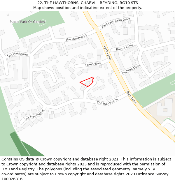 22, THE HAWTHORNS, CHARVIL, READING, RG10 9TS: Location map and indicative extent of plot