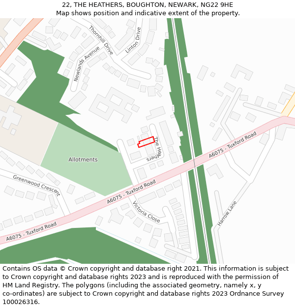 22, THE HEATHERS, BOUGHTON, NEWARK, NG22 9HE: Location map and indicative extent of plot