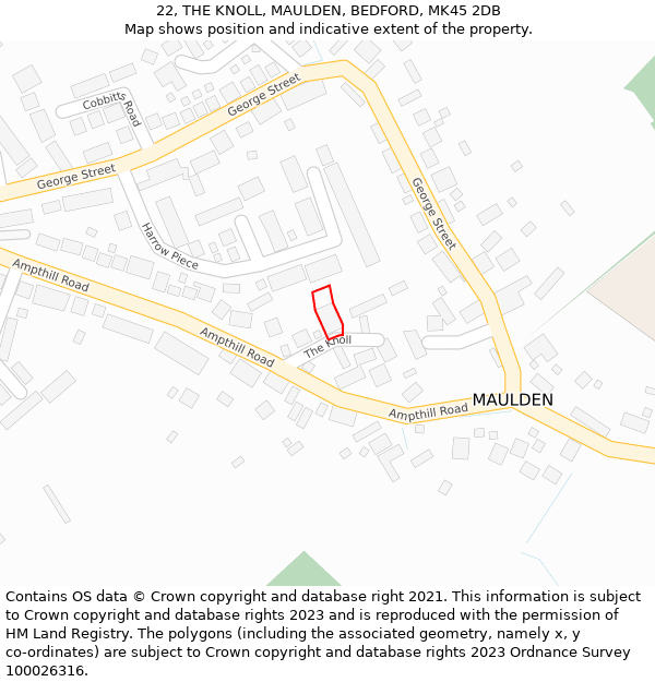 22, THE KNOLL, MAULDEN, BEDFORD, MK45 2DB: Location map and indicative extent of plot